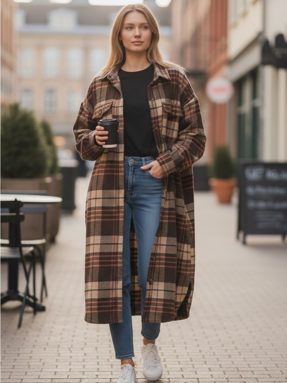 Plaid Long Shacket Coatigan in Brown